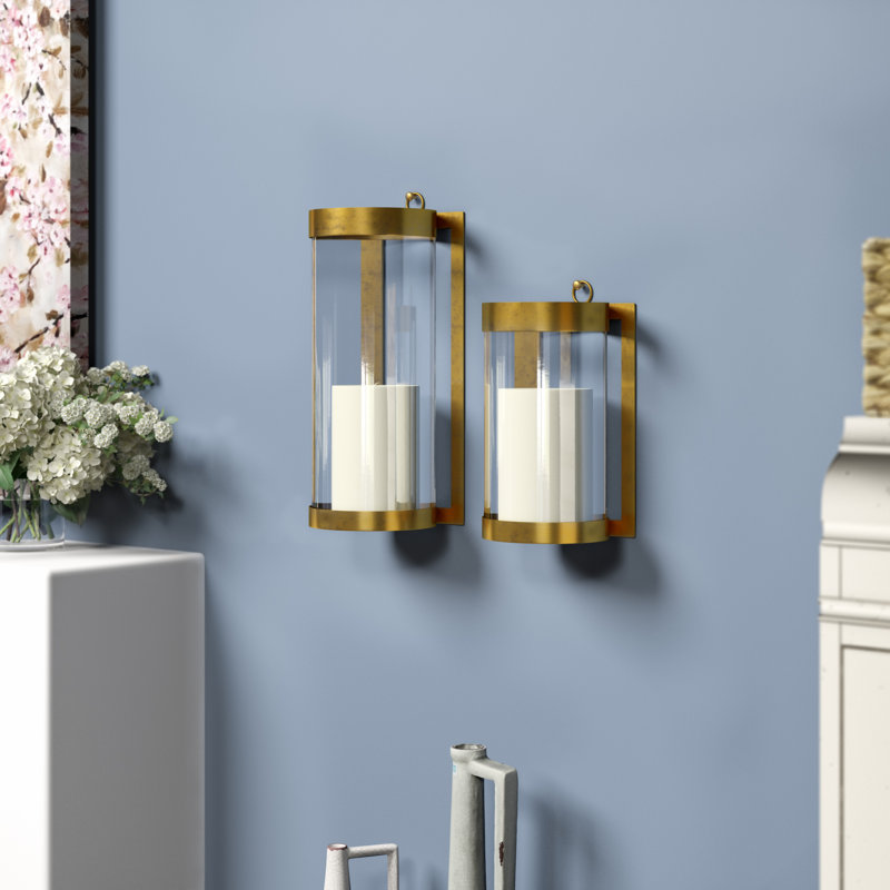  Wall Mounted Hurricane Large, 18.3" Tall, Metal and Glass, Antique Gold Finish, 18'' H x 7'' W x 6.5'' D