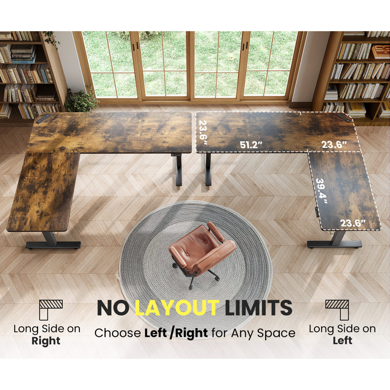 L-shaped Standing Desk – Adjustable Height Electric Desk With Memory Controller, 45.7" H x 74.8" W x 63" D, Rustic Brown