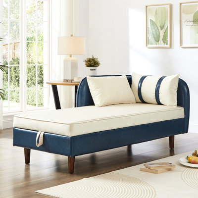 Chaise longue en velours bleu marine et beige marine de 65 po avec rangement, pieds en bois d'hévéa massif, assise en tissu confortable, rangement pour livres, collations en velours, structure en eucalyptus stable, détente douce