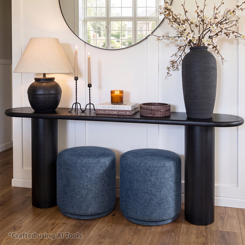 Ensemble de console noire 70 po avec 2 repose-pieds ronds rembourrés, Noir, Bleu