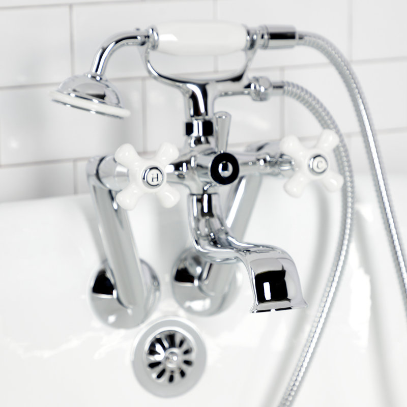 Kingston Brass Kingston Three-Handle 2-Hole Tub Wall Mount Clawfoot Tub Faucet with Hand Shower, Polished Chrome