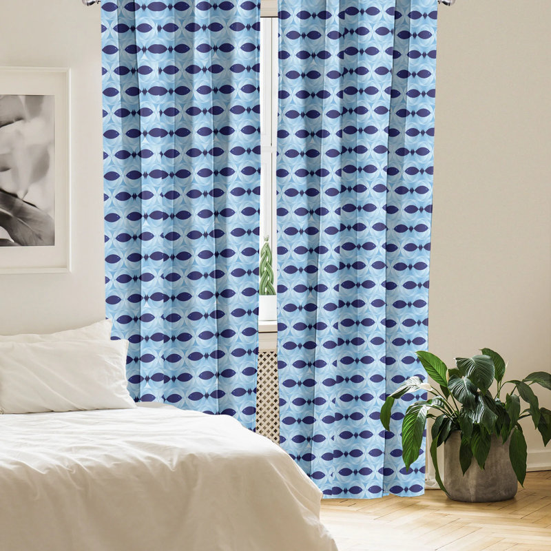 Pale Blue and Navy Fish Pattern Rod Pocket Curtain Panels