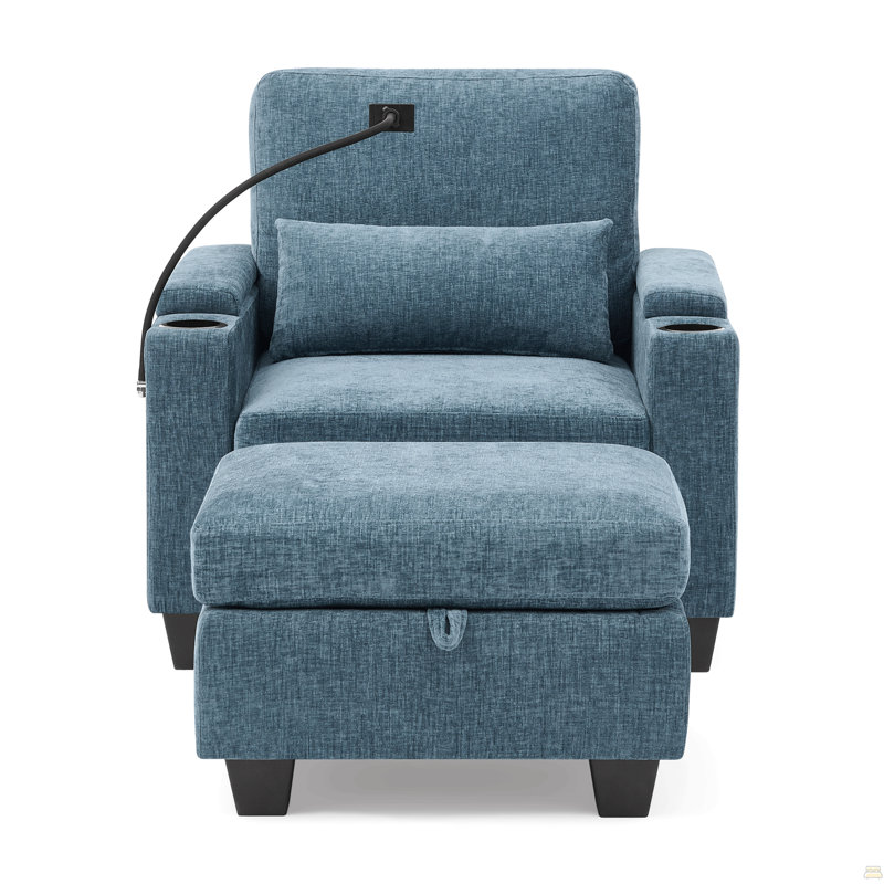 Single Sofa Recliner With Manually Adjustable Backrest, USB Charging Port, Blue
