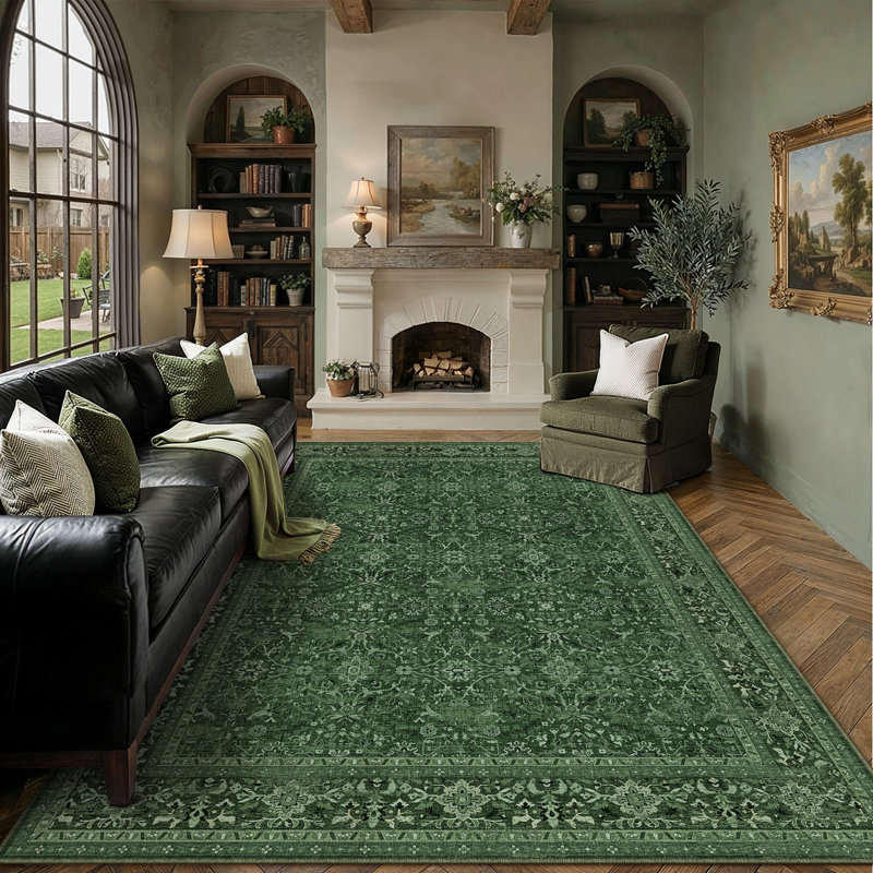 Tapis floral rétro Lumora, Green, Rectangle 7 pi 9 po x 9 pi 9 po