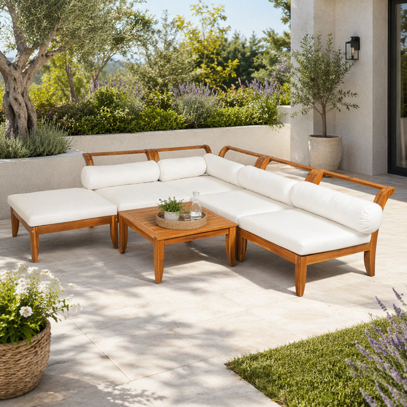 Ensemble de canapé de patio 6 pièces, ensemble de conversation modulaire d'extérieur en bois d'acacia