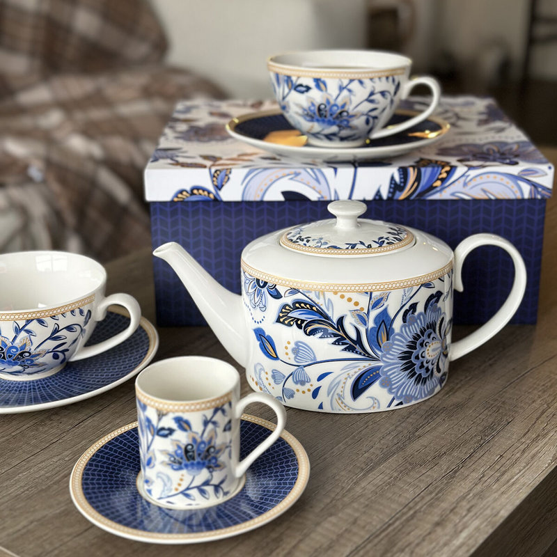 Melodie Porcelain Set of Teapot and 2 teacups with saucers