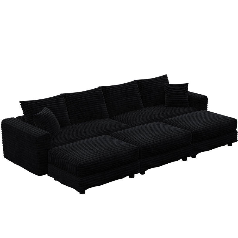 Corduroy 4 de 102,4 po avec 3 repose-pieds, convertible en chaise longue, rembourrage en éponge haute densité, structure en bois massif de qualité, support de 1000 lb, ressort assorti noir confortable