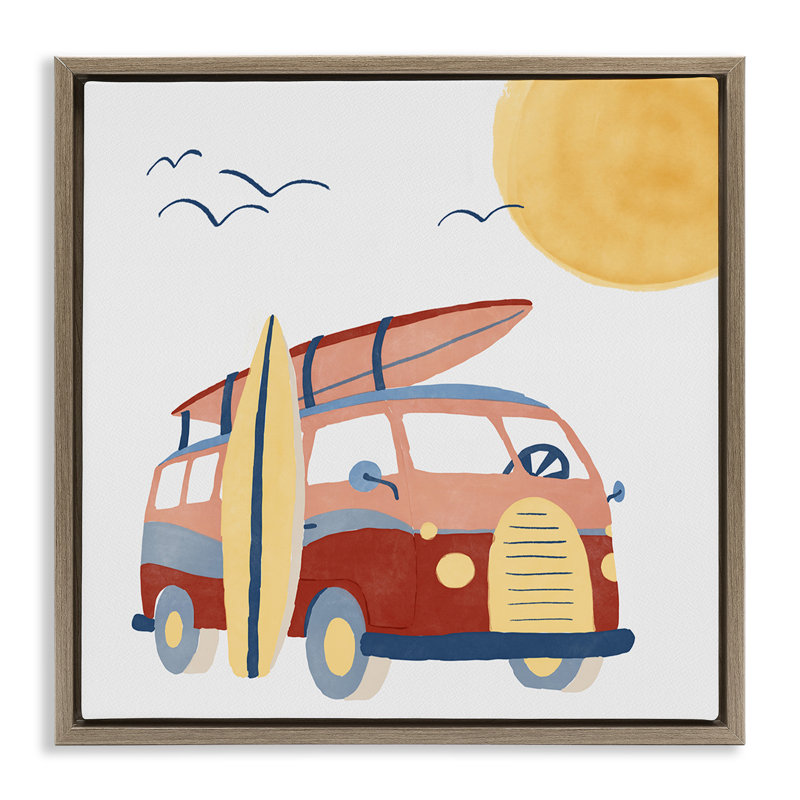 «Summer Surf Bus», art mural encadré flottant par Carrie Cantwell, Cadre flottant orme Montalcino, H 25 po x l 25 po