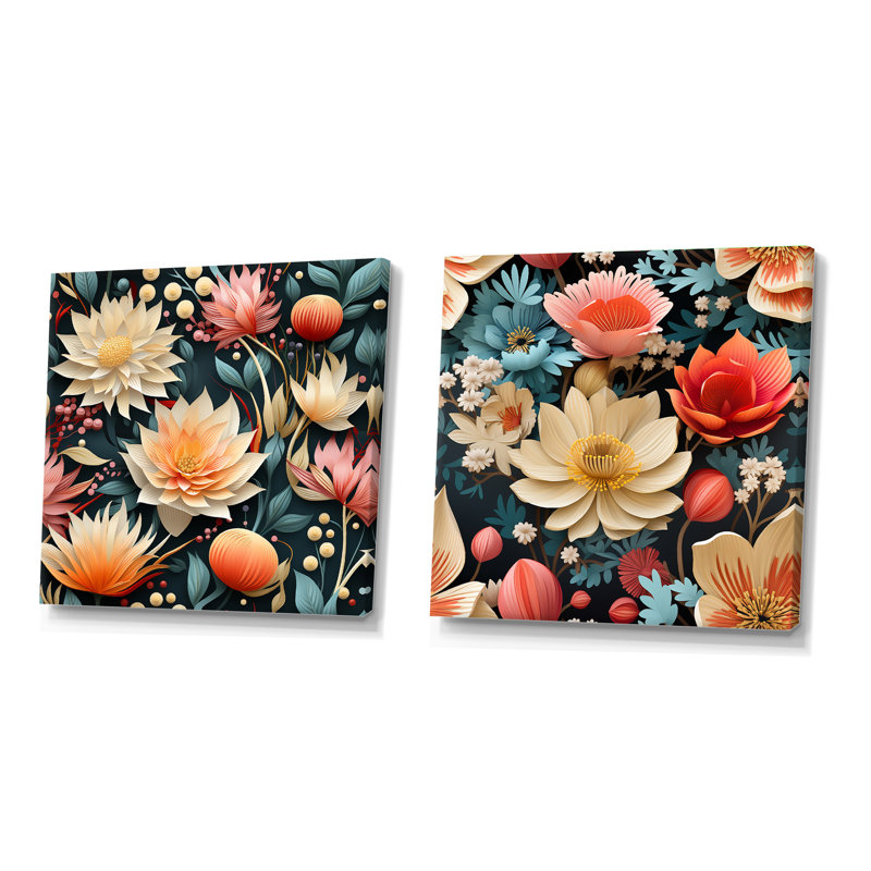 Camélia - ensemble de 2 collages floraux carrés, Toile tendue, H 16 po x l 33 po