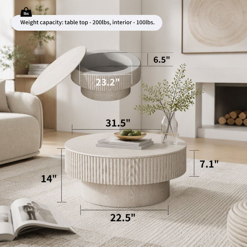 Table basse ronde avec rangement dissimulé, 32 lb, Blanc rétro