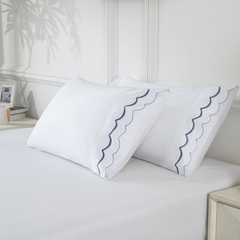 Luxury 400TC Cotton Sateen Pillowcases – Hotel-Inspired Scallop Embroidery, 2-Pack, 20x30", Blue, Blue