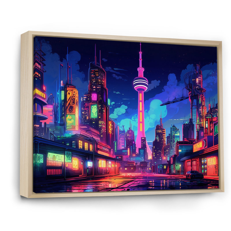Berlin Neon Cityscape II - art mural de Berlin pour le salon, H 24 po x l 32 po x P 1 po, Cadre naturel flottant