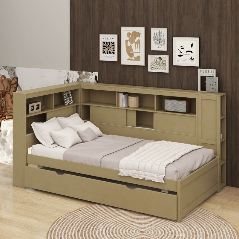 Twin Wood Daybed With Shelves And Trundle, Natural