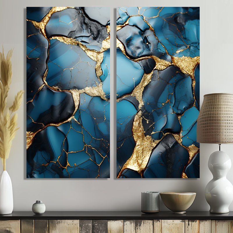 Agate mosaïque en marbre doré et bleu II - décoration murale moderne, 32" H x 32" W, Wrapped Canvas, Does Not Apply