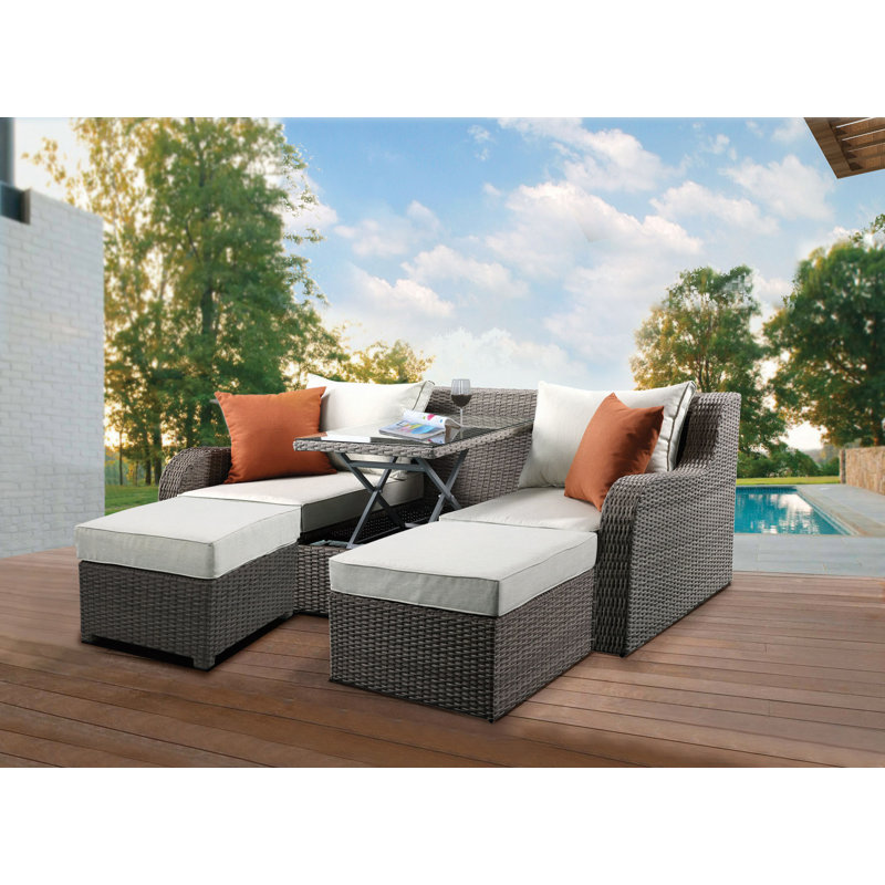 Canapé de patio en tissu et osier avec 2 coussins et 2 repose-pieds
