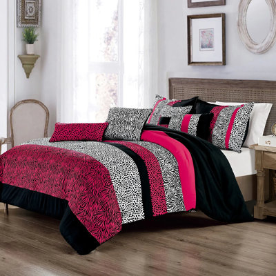 Ensemble d'édredon 7 pièces à motif zébré rose, noir et blanc