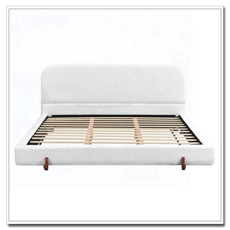 Solid Wood Legs Upholstered Bed Frame, California King, White Chenille