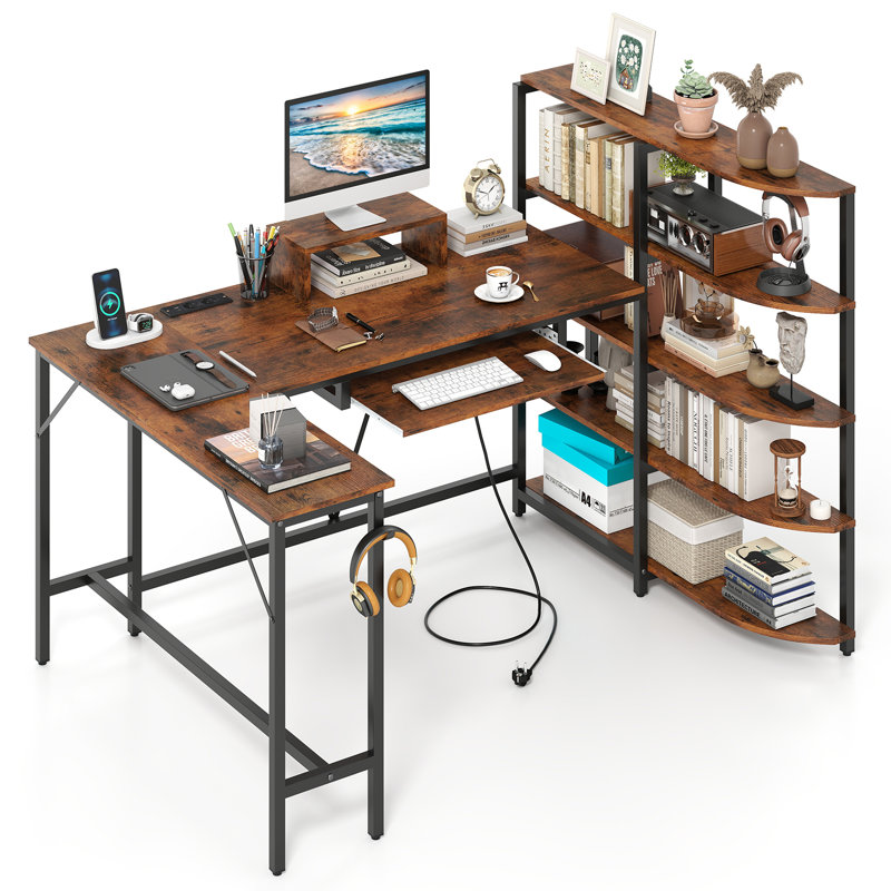 L Shaped Desk Corner Computer Desk With Storage Shelves, Brown