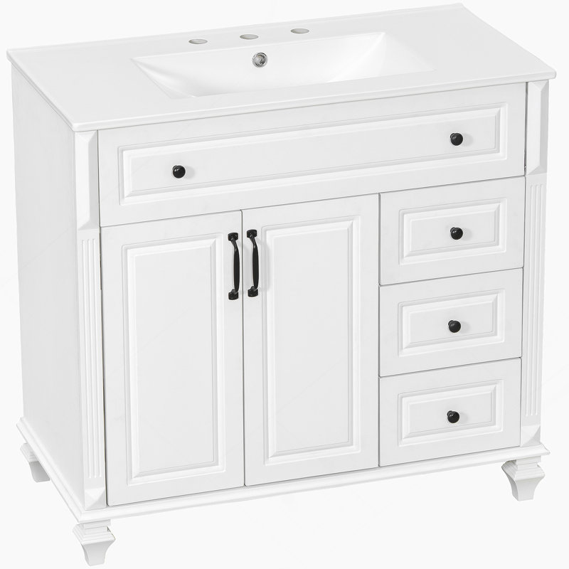 Meuble-lavabo de 36 po avec lavabo, armoire de salle de bain en bois massif blanc avec tiroir rabattable, 3 tiroirs et 2 portes, conception élégante avec poignées en métal noir, meuble-lavabo moderne en bois aggloméré pour le rangement de la salle de bain