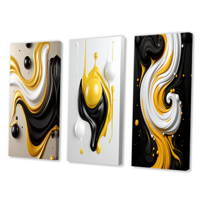 3 Pieces on Canvas - Liquid Minimal Abstract In Black Yellow White