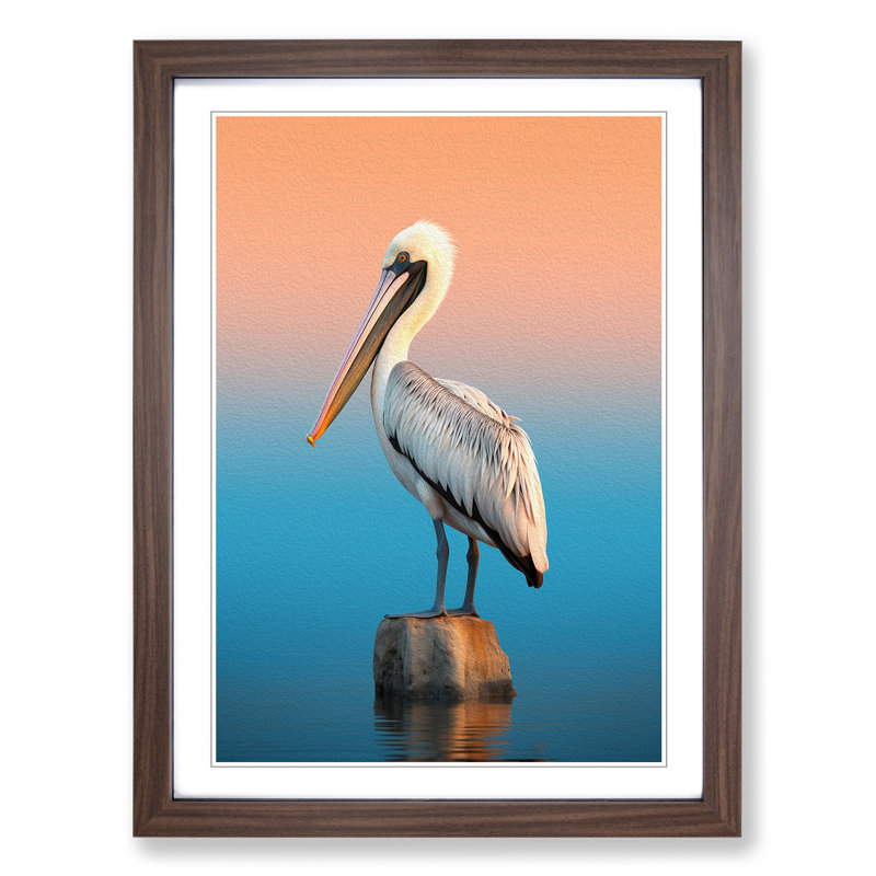 Pelican Minimalism Art - Framed Print, 34cm H x 25cm W x 2cm D, Walnut Framed