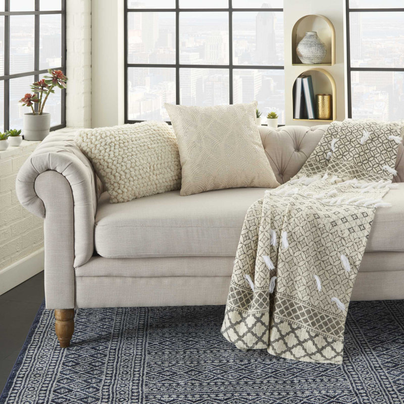 Ivory and Silver Embroidered Cotton Square Throw Pillow