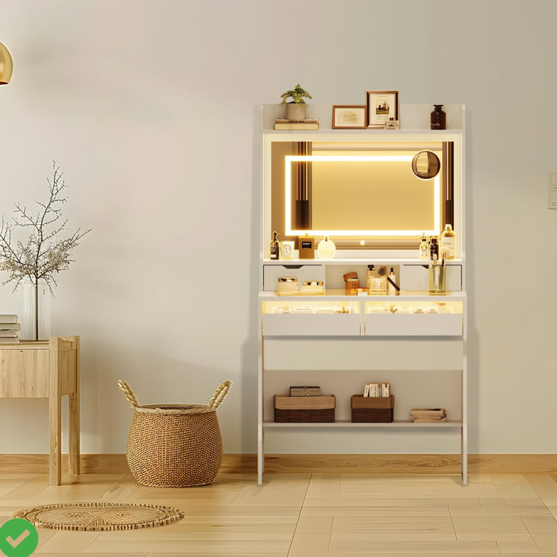 Commode blanche avec miroir et commode moderne en bois clair avec miroir et prise de courant