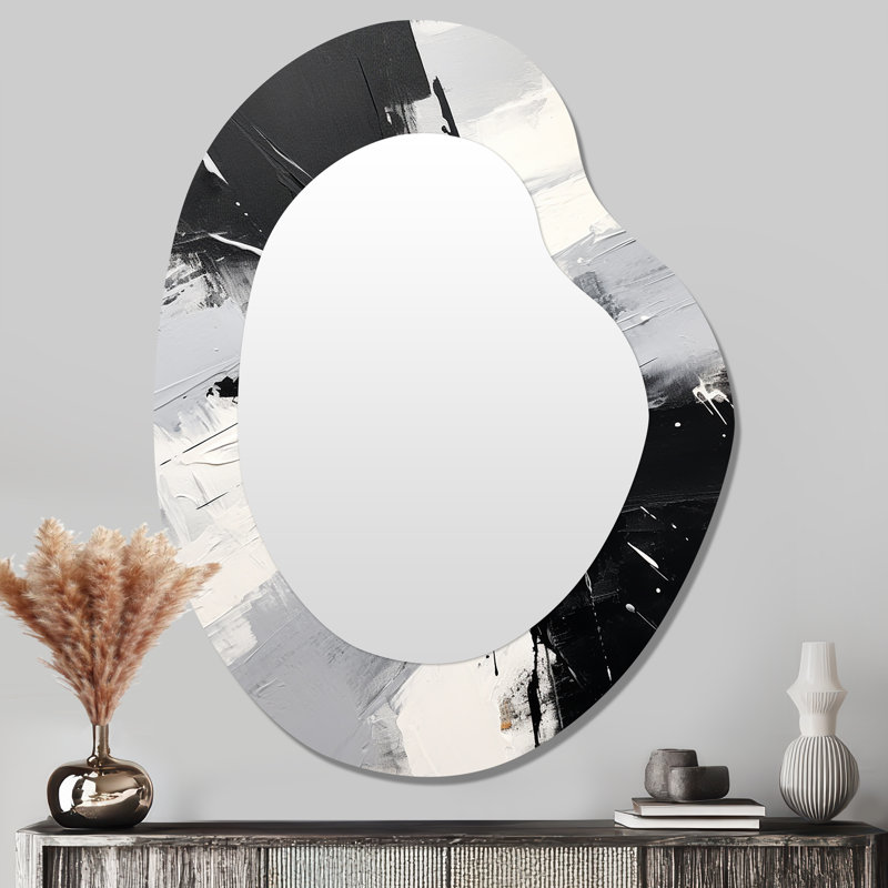 «Finding Balance Minimal» en noir et blanc, peinture I - peinture abstraite à forme unique, miroir mural décoratif, miroir asymétrique moderne, impression sur métal