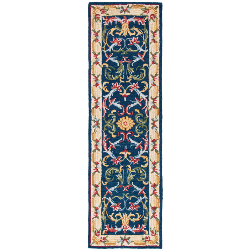 Ozella Hand Tufted Wool/Cotton Oriental Rug in Ivory/Navy, Runner 2'3" x 8'