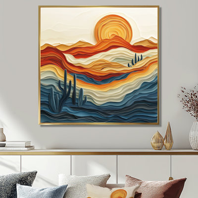 «Blue Red Retro Sunset Over Desert Lines II - Blue Nature», impression sur toile encadrée chaleureuse