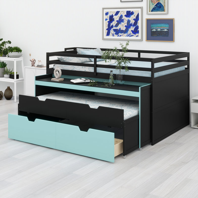 Lit mezzanine avec marches de rangement, bureau coulissant et lit gigogne pour jeux et poste de travail, Black+Blue