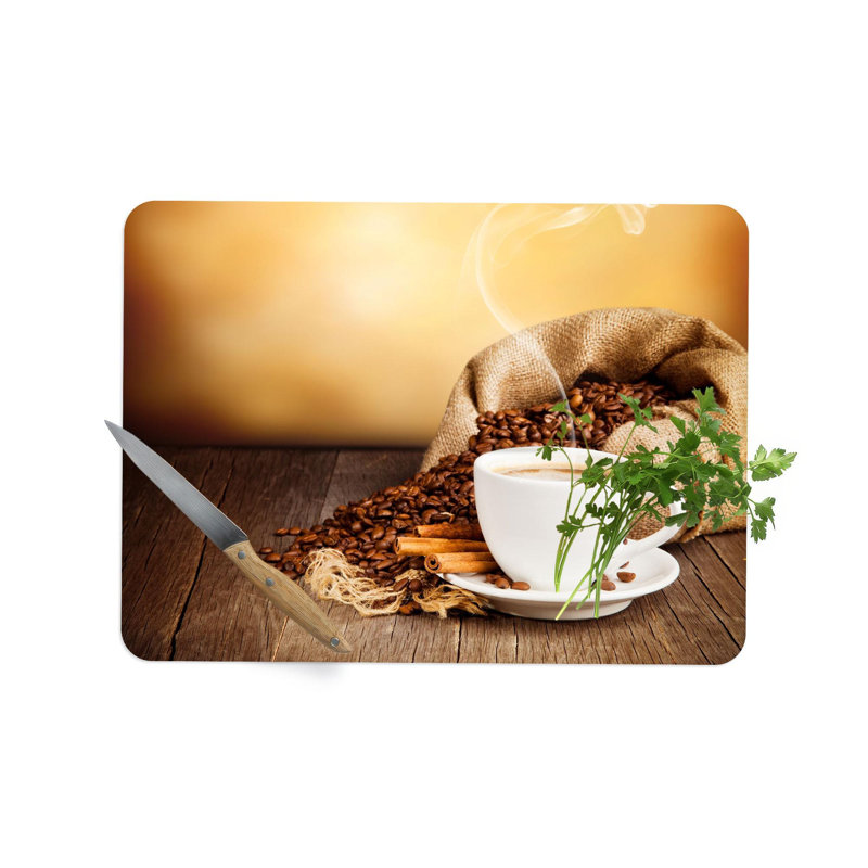 Planche à découper moderne en verre brun sur le thème du café, idéale pour le décor de la cuisine et le pique-nique avec des options personnalisées