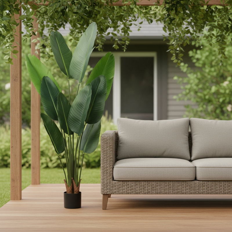 Arbre banane artificiel vert 63 po en pot de ciment noir cylindrique