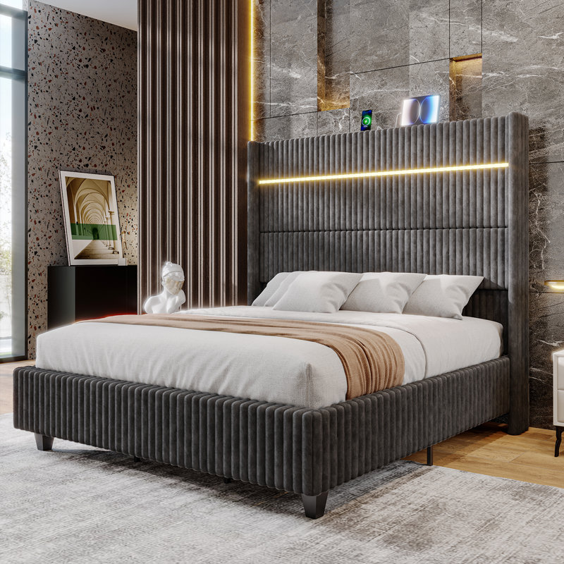 LED Bed Frame, Corduroy Upholstered Platform with 60" Tall Headboard & Charging Station, King, Gray