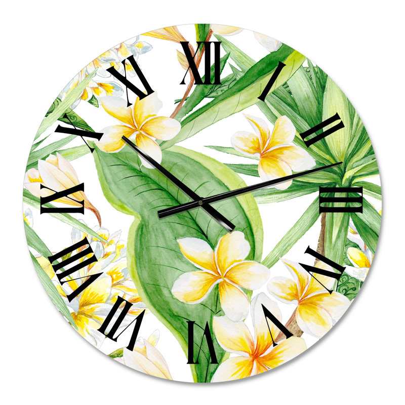 Horloge murale moderne - feuillage tropical et fleurs jaunes VII, Petit