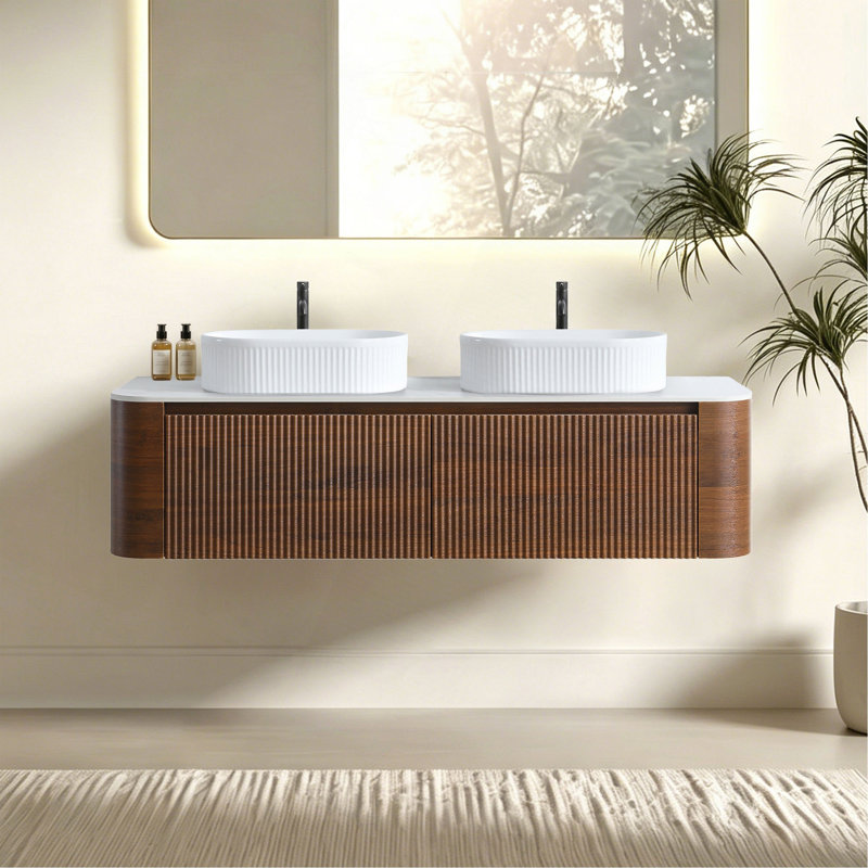 Meuble-lavabo Erba de 60 pouces avec lavabo, armoire murale avec porte-serviettes offert, double lavabo ovale en céramique à rayures, sans bonde ni robinet, préassemblé