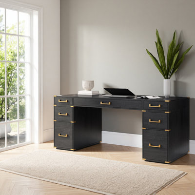 Très grand bureau de direction classique et traditionnel de 70 po avec bordure en métal, bureau d'écriture avec 2 tiroirs classeurs, ports et prises USB, bureau avec compartiment caché pour le salon, le bureau personnel, la salle d'étude,