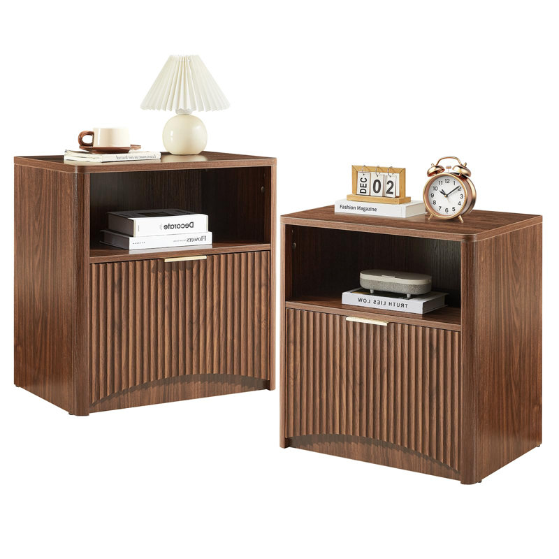 Mid Century Modern Nightstand With Drawers, Wood Fluted Bedside Table With Storage(Set of 2), Set of 2, Walnut