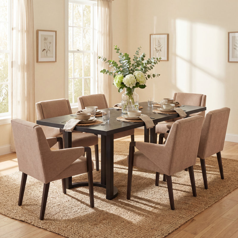 Ensemble de table de salle à manger en bois d'hévéa pour 6 personnes avec chaises rembourrées Harlan, Black