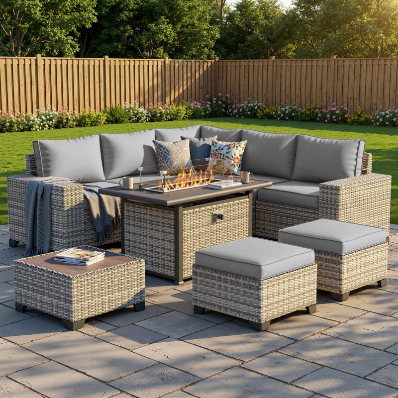 Ensemble de conversation modulaire pour l'extérieur 9 pièces avec table de foyer, canapé modulaire et repose-pieds, Gris