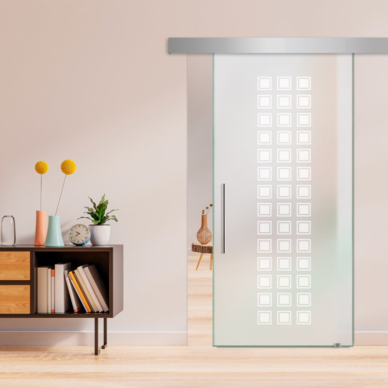 Porte de grange coulissante en verre sans cadre avec design moderne sablé + ensemble de quincaillerie (double-privée)