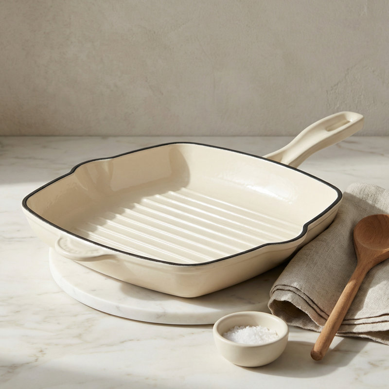 8.5 in. Non-Stick Enameled Cast Iron Grill Pan / Griddle Set, White