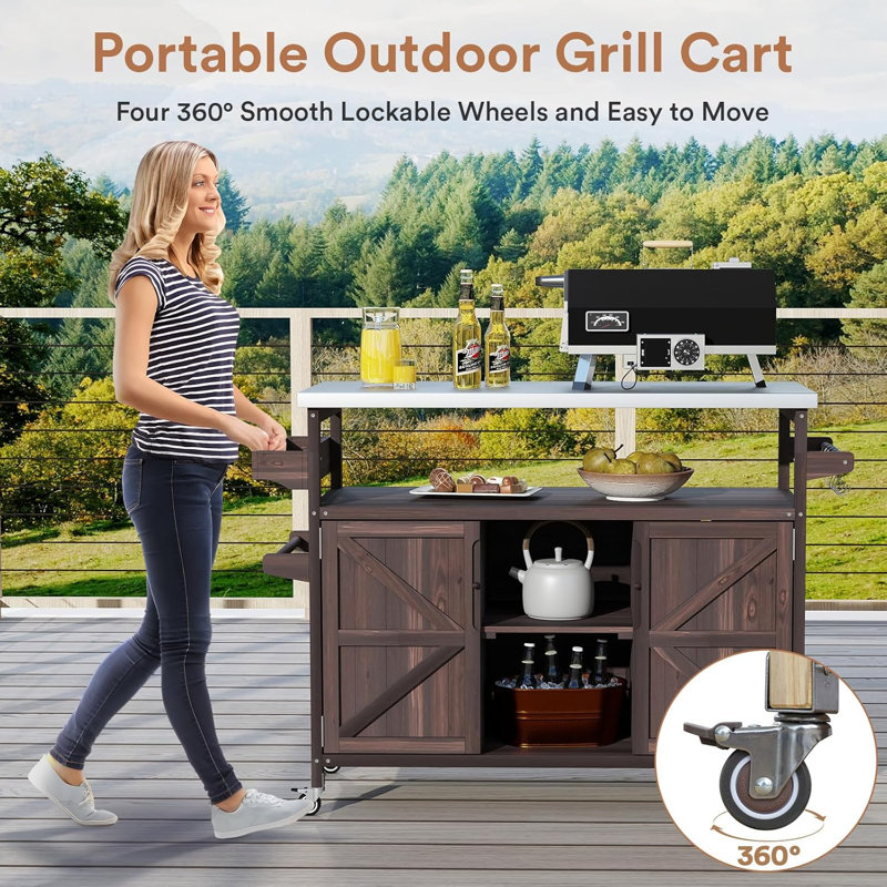 Chariot pour barbecue polyvalent avec rangement, étagère à épices, porte-serviettes en papier et roues verrouillables, Brun