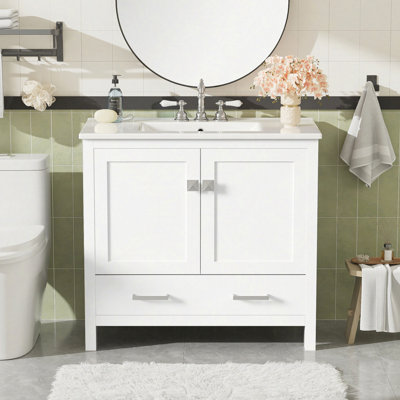 Meuble-lavabo moderne 36 po avec lavabo en céramique, portes à fermeture en douceur, tablettes de rangement doubles et tiroir divisé