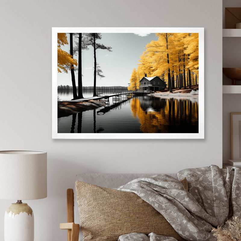 «Yellow Gray Lake Lakeside Retreat II», reproduction sur toile, Cadre simple blanc, H 34 po x l 44 po x P 1,5 po