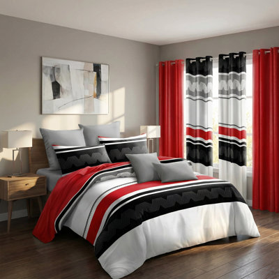 California King Size 9-Piece Red & Gray Tribal Pattern Bedding & Curtain Set (Cal King) - Quilted Microfiber Bedspread + Sheer Drapes