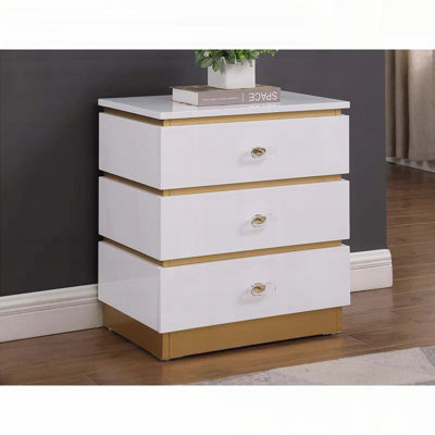 Table de bout à 3 tiroirs en laque blanche - Finition or brossé - Entièrement assemblée