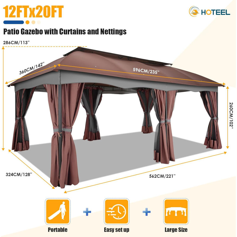 12X20 Heavy Duty Outdoor Patio Gazebo with Mosquito Netting and Curtains, Canopy Tent Deck Gazebo with Double Roofs and Metal Steel Frame for Party, Backyard, Deck, Garden