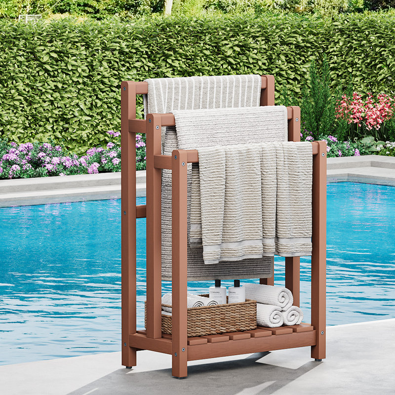 Porte-serviettes sur pied pour salle de bain, échelle à couvertures à 3 niveaux en HIPS, étagère de séchage au sol avec rangement inférieur, barre porte-serviettes de 91 cm de haut pour spa, piscine, chambre, teck