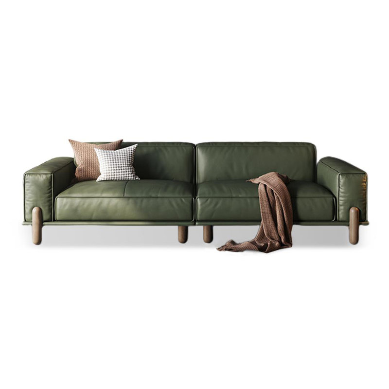 Mid century modern sofa,Genuine Leather Modular sofa with Solid Wood, Green couch, Green, 4, 29.53" H x 110.24" W x 37.4" D
